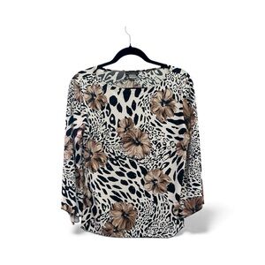 Late Y2K Era Sequined Brittany Black Animal and Floral Print Blouse XL